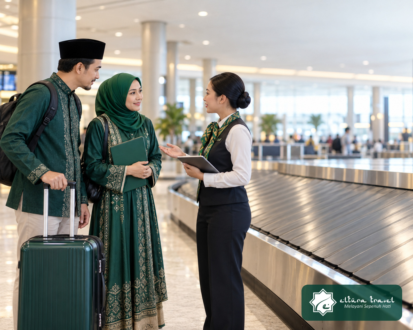 Jamaah melaporkan koper Umroh yang belum tiba kepada petugas bagasi