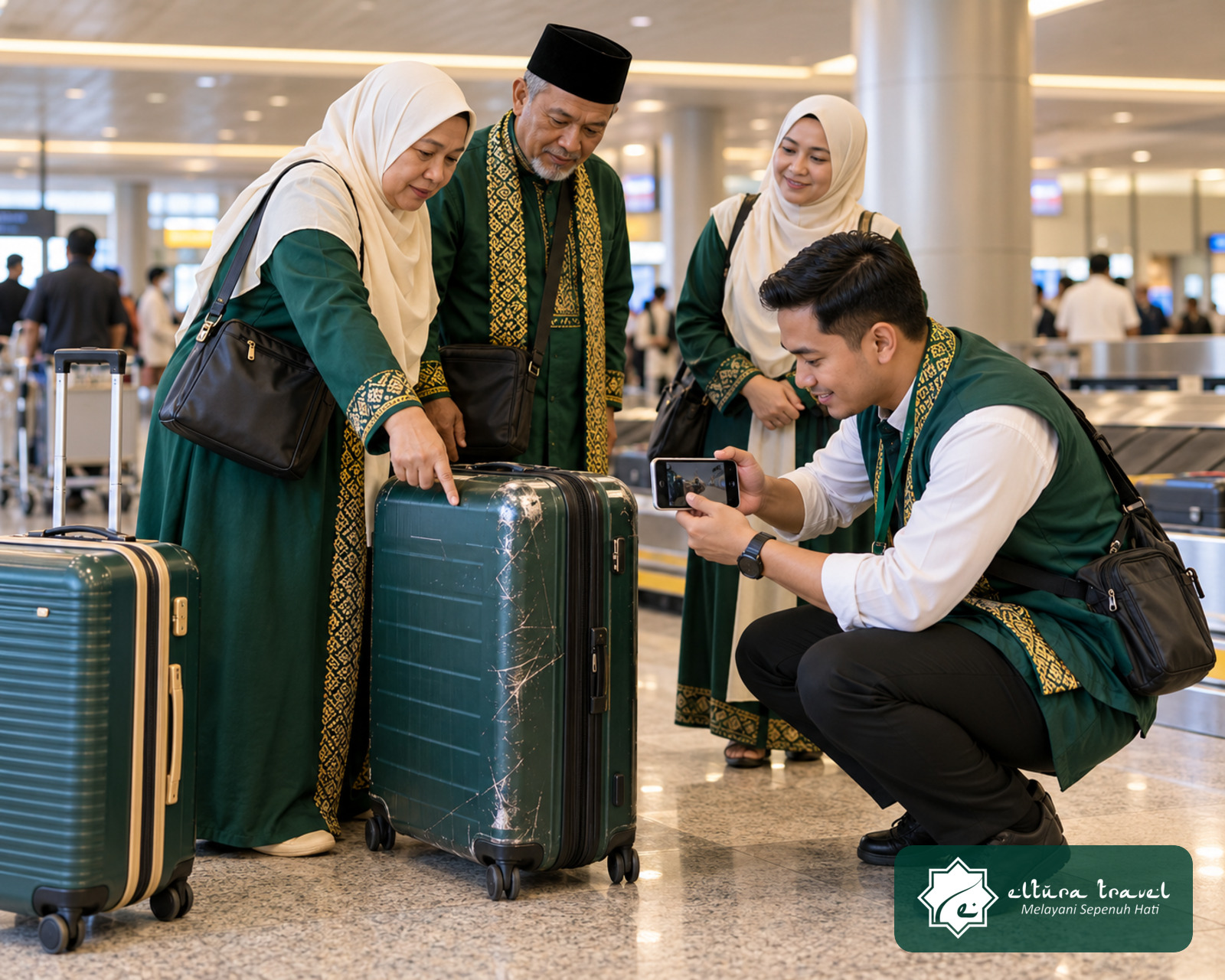 Pendamping membantu jamaah mendokumentasikan koper Umroh yang rusak