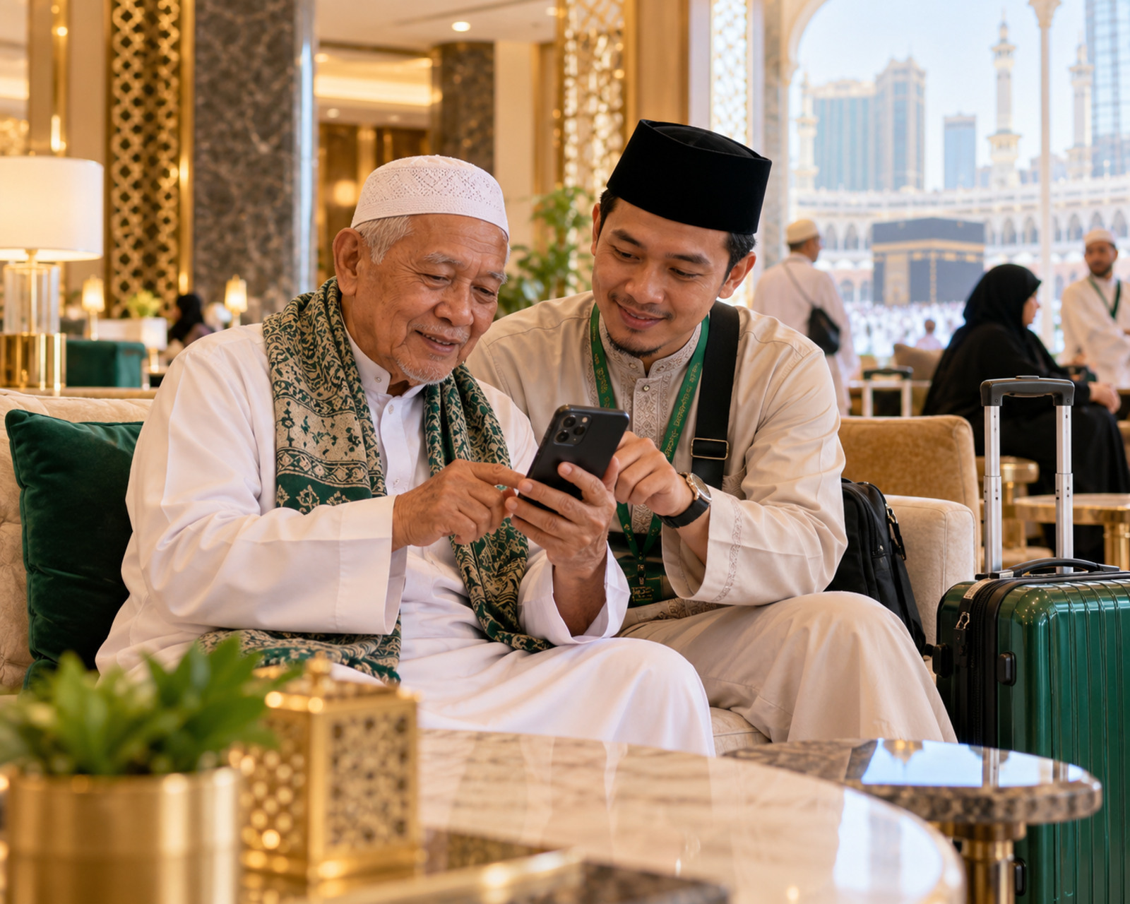 Pendamping membantu jamaah lansia menggunakan internet saat Umroh