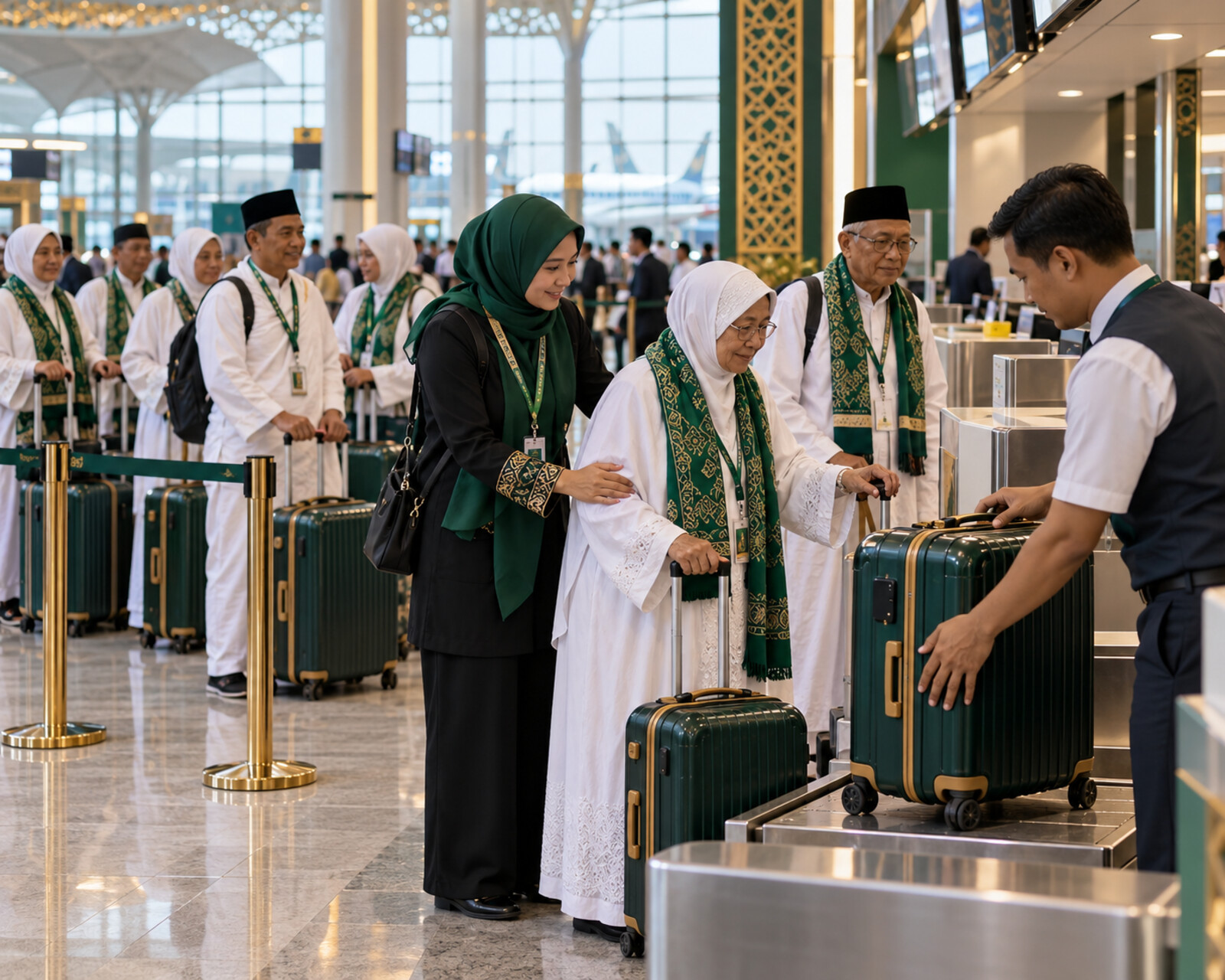 Tour leader mendampingi jamaah Umroh saat proses check-in bagasi