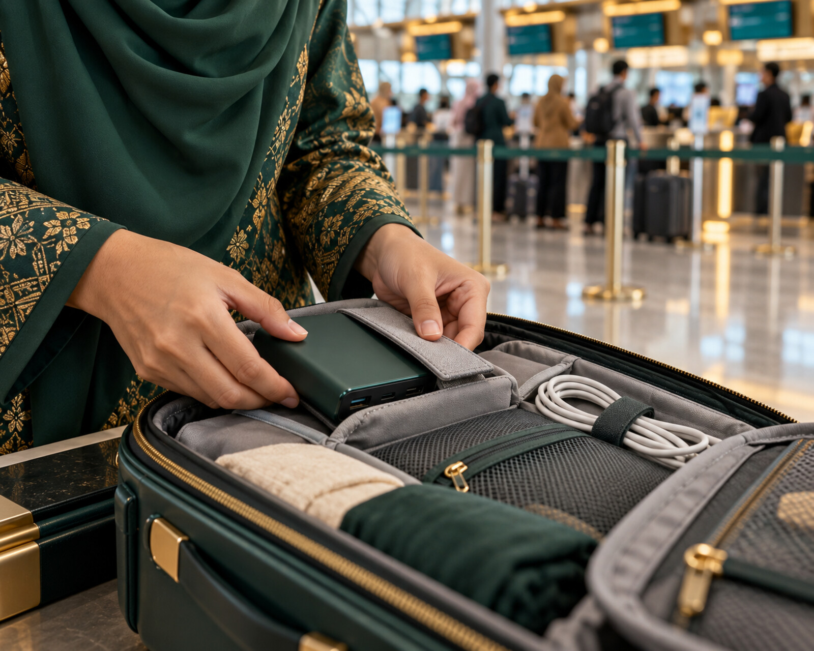 Jamaah memasukkan power bank ke tas kabin dengan aman