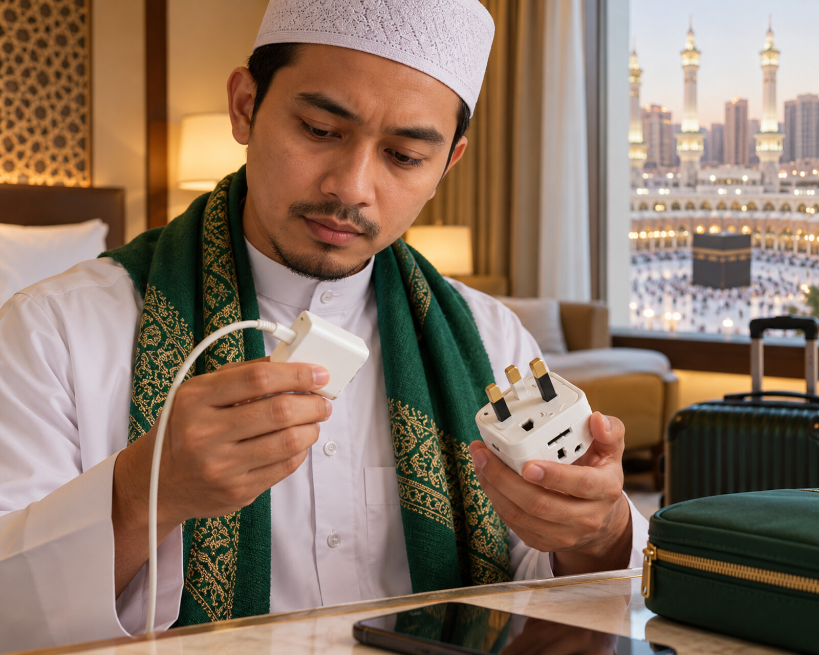 Jamaah memeriksa label input charger sebelum memakai adaptor Type G