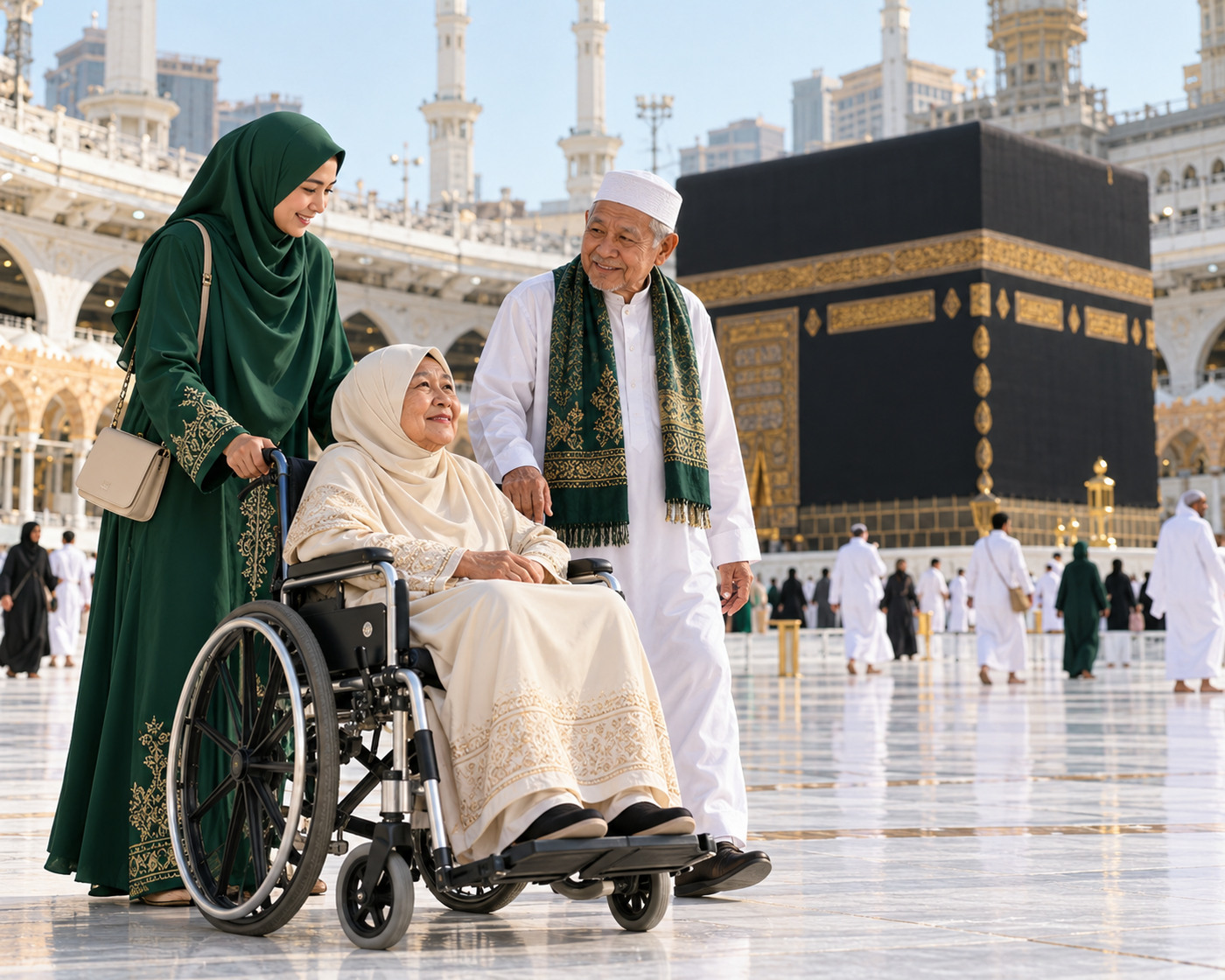 Jamaah lansia menggunakan kursi roda di Masjidil Haram