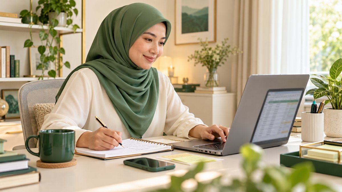 Ilustrasi perempuan Indonesia menyiapkan jasa admin online dari rumah