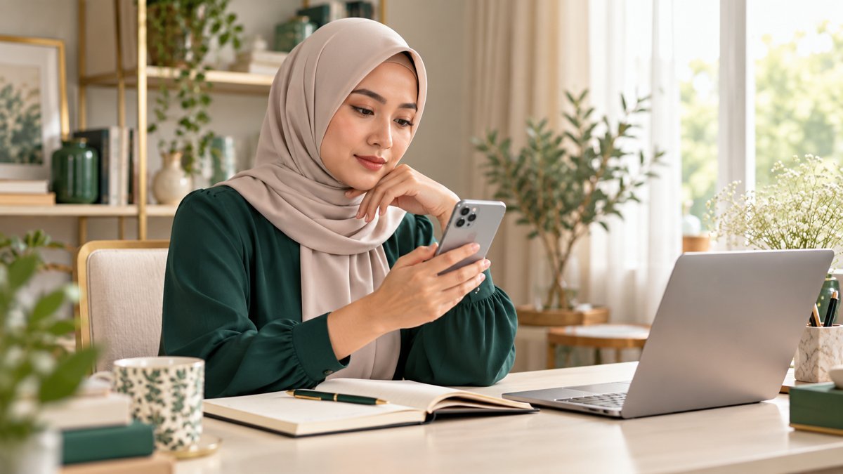 Ilustrasi pelaku usaha menyusun jawaban untuk customer yang bertanya harga melalui HP