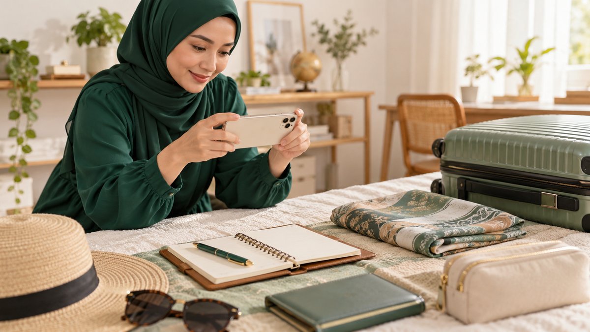 Ilustrasi pelaku usaha membuat konten Status WhatsApp tentang persiapan perjalanan