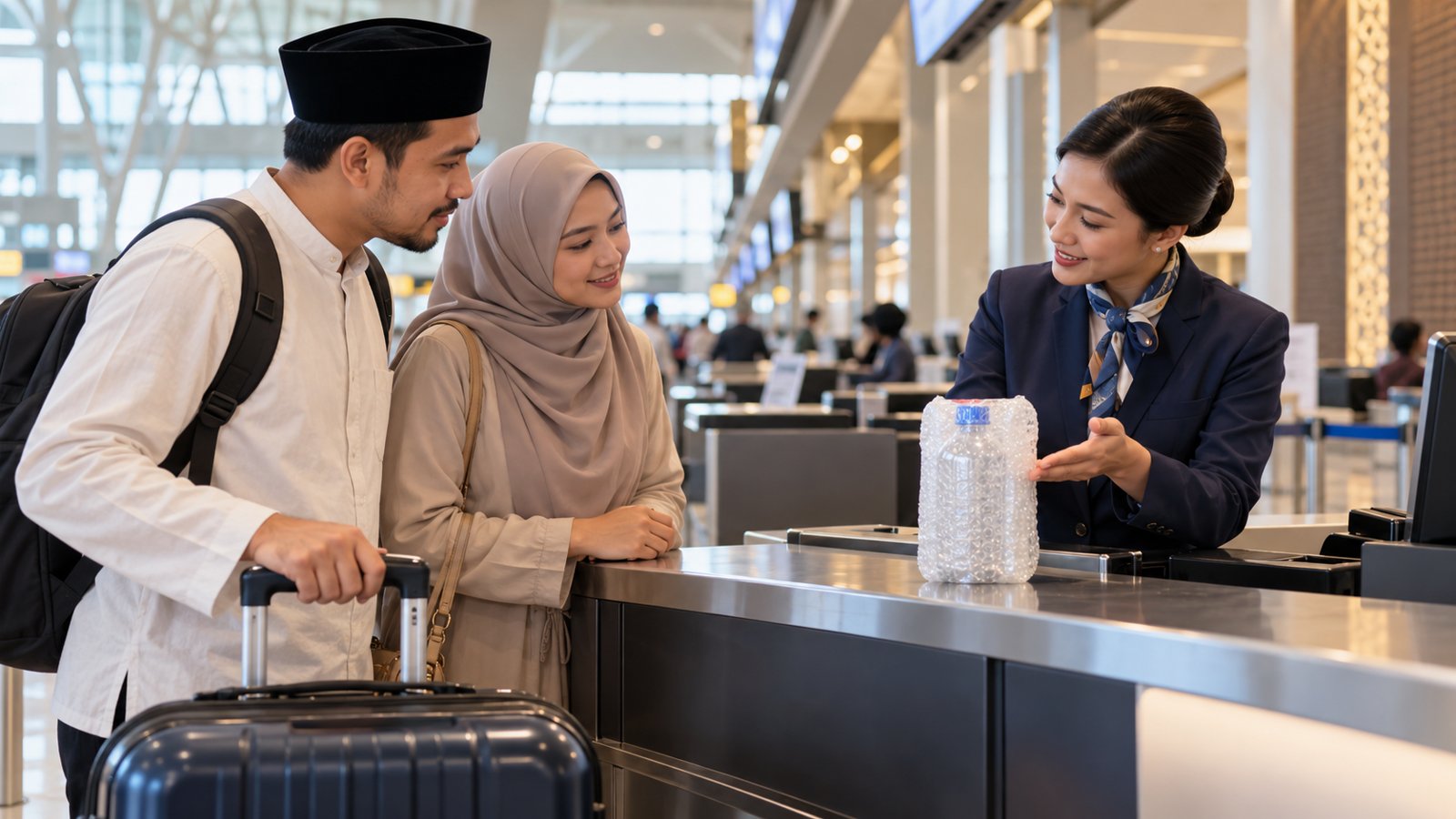 Ilustrasi konfirmasi barang bawaan kepada petugas check-in