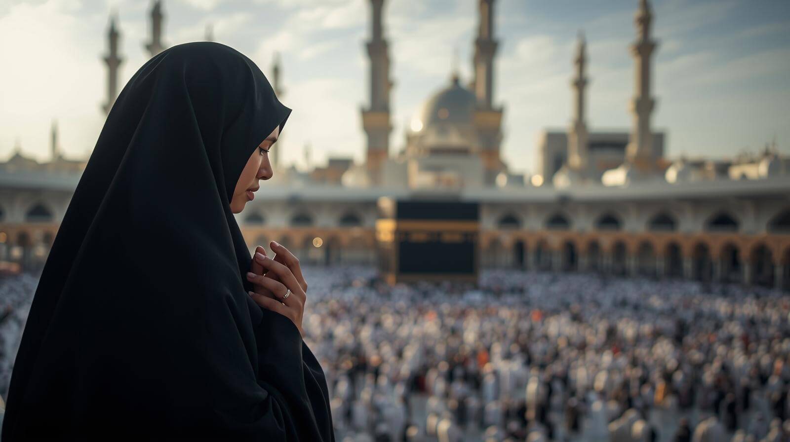 seorang wanita yang sedang merasa terharu di depan kabah
